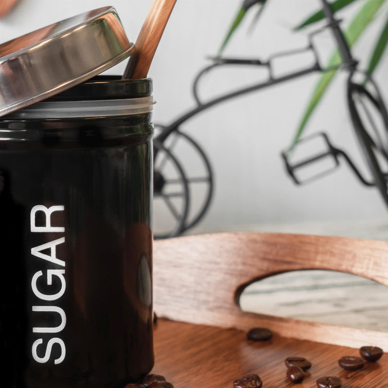 Round Metal Tea Coffee Sugar Canister with Labels - 1L - By Harbour Housewares