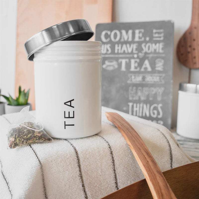 Round Metal Tea Coffee Sugar Canister with Labels - 1L - By Harbour Housewares