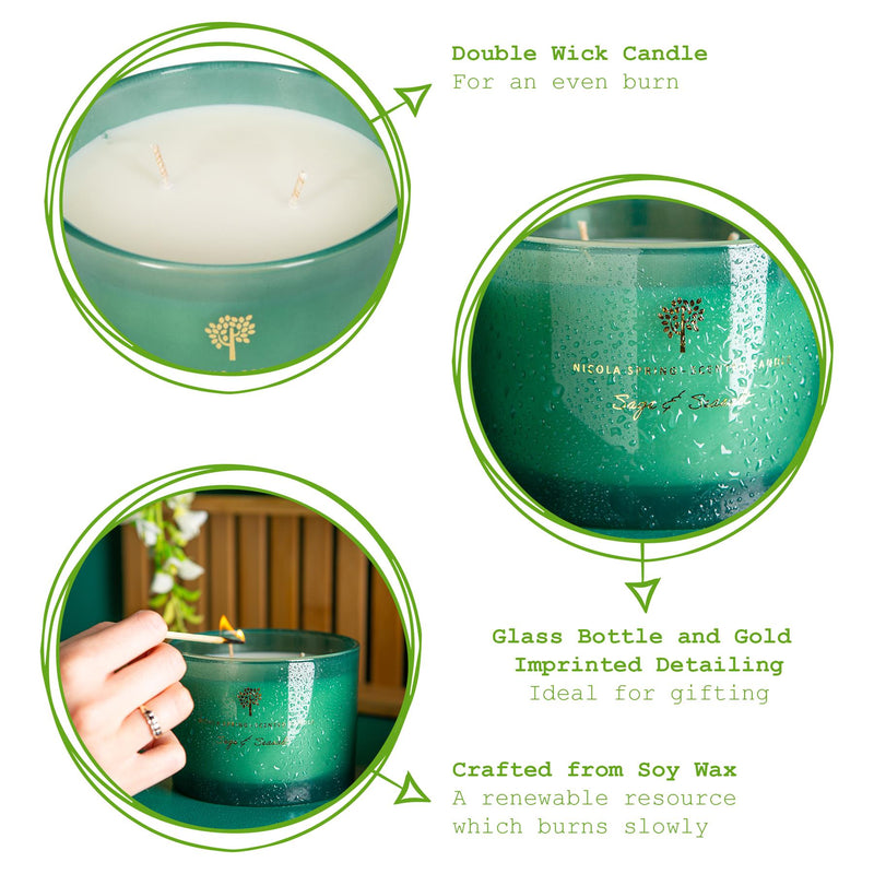 350g Double Wick Sage & Seasalt Soy Scented Wax Candle - By Nicola Spring