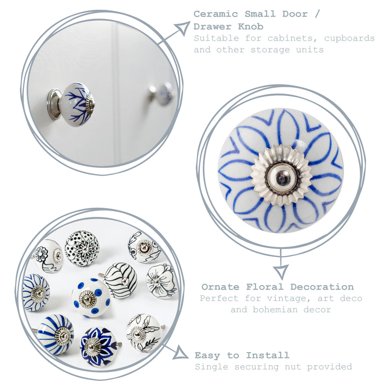Nicola Spring Round Ceramic Drawer Knob - White / Black Rose