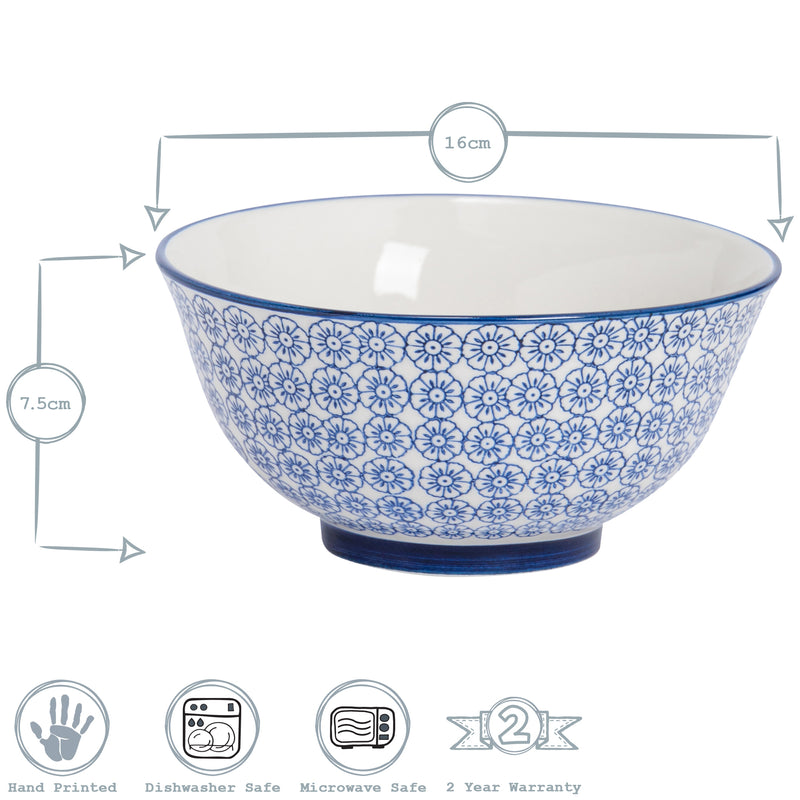 Nicola Spring Hand-Printed Cereal Bowl - 16cm - Navy