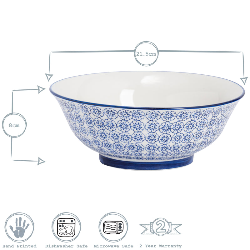 Nicola Spring Hand-Printed Serving Bowl - 21.5cm - Navy