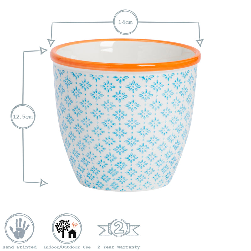 Nicola Spring Hand-Printed Plant Pot - 14cm - Light Blue