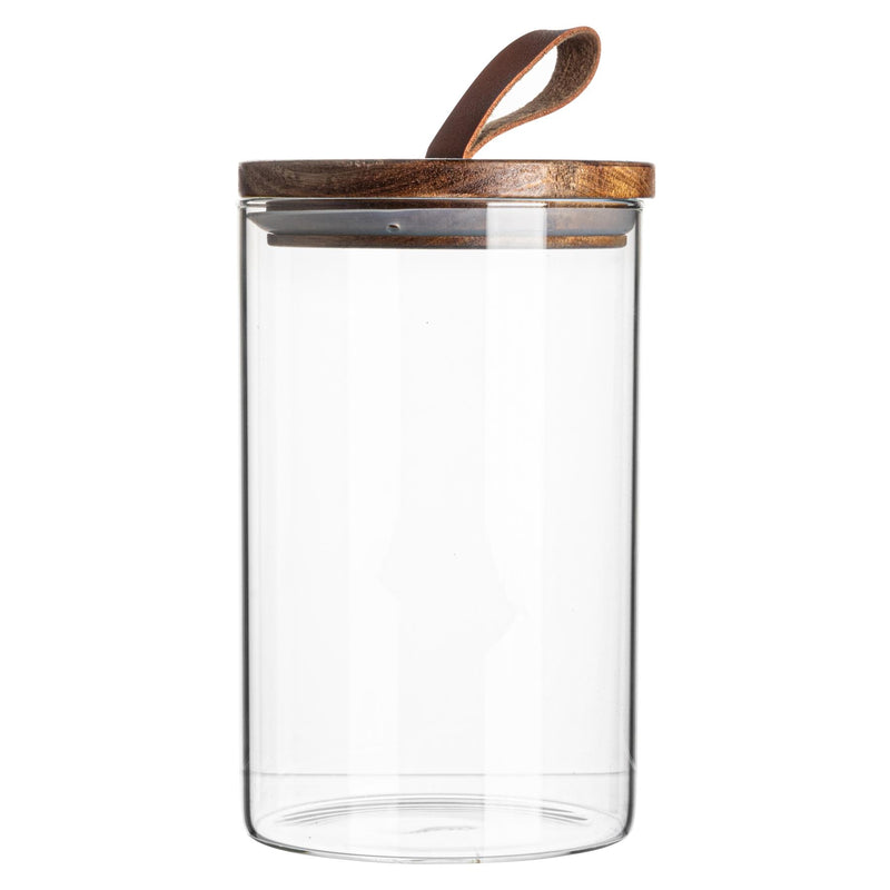 Argon Tableware Glass Storage Jar with Wooden Lid - Leather Loop - 1 Litre