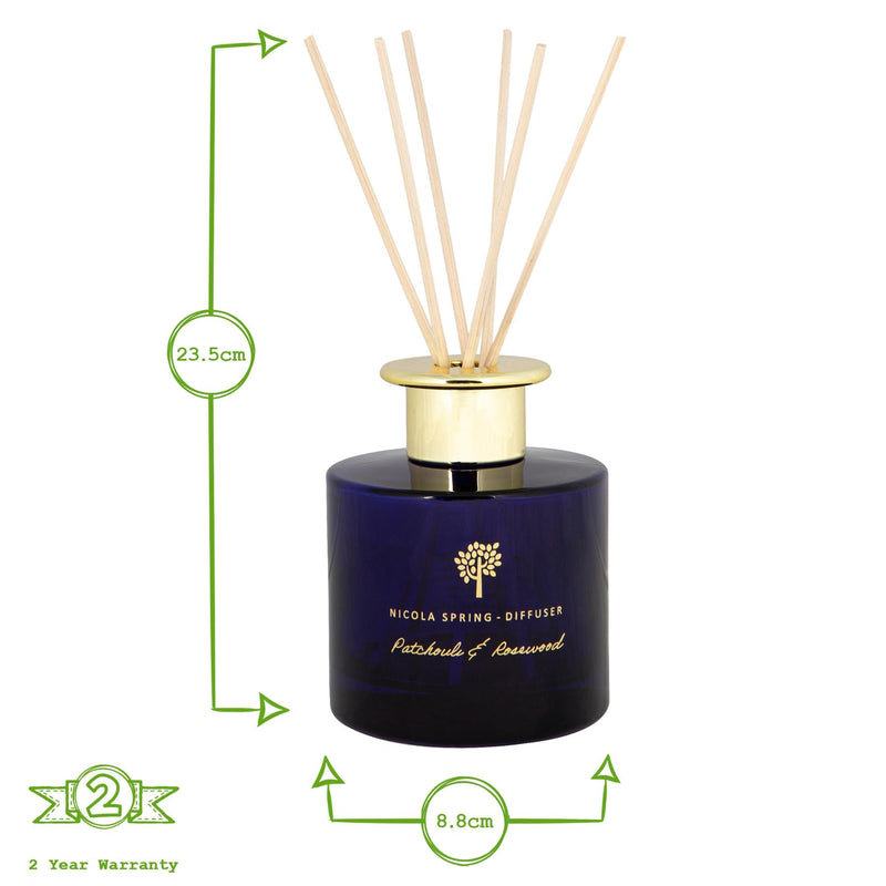 200ml Patchouli & Rosewood Glass Reed Diffuser - By Nicola Spring