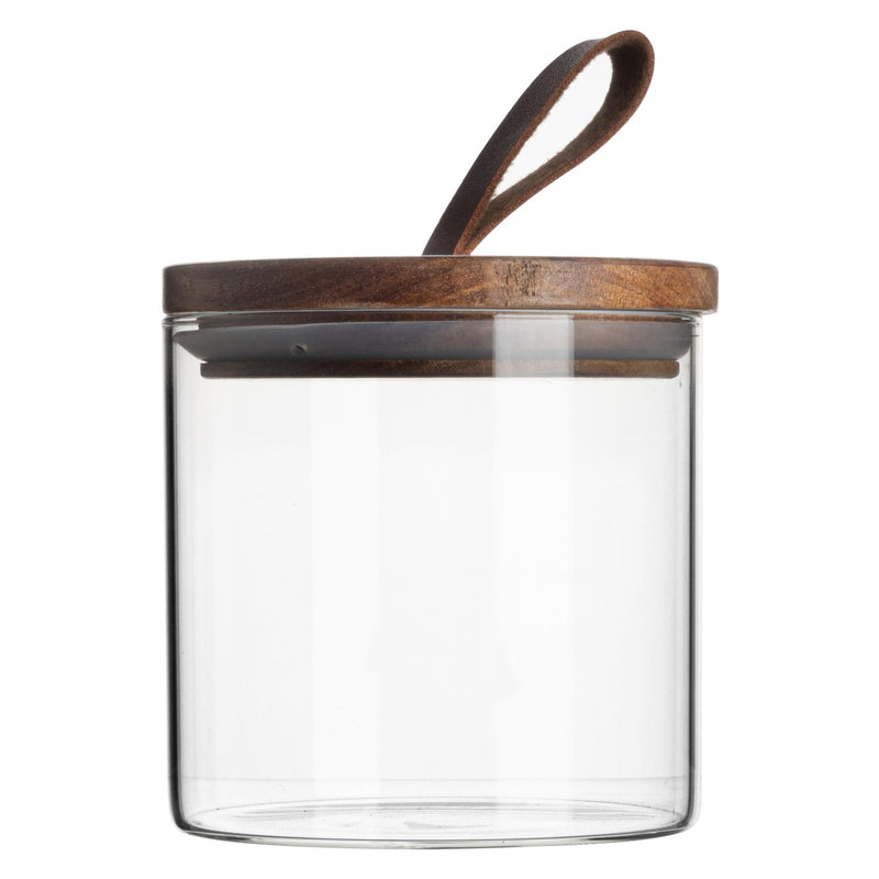 Argon Tableware Glass Storage Jar with Wooden Lid - Leather Loop - 550ml