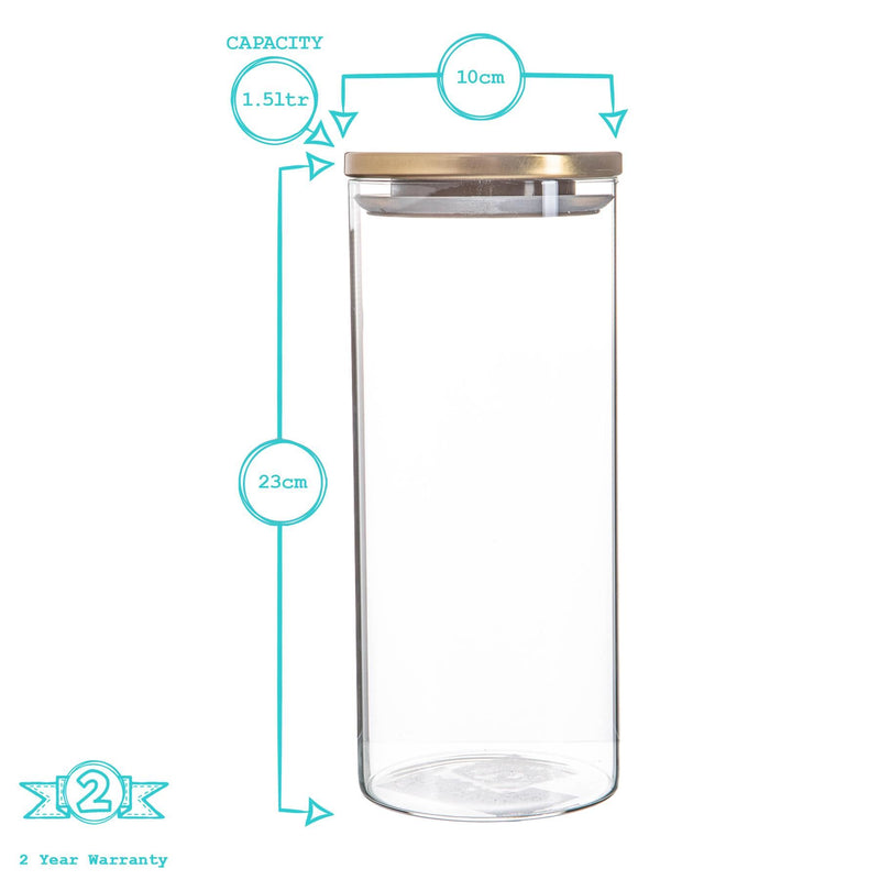 Argon Tableware Glass Storage Jar with Metal Lid - 1.5 Litre - Gold